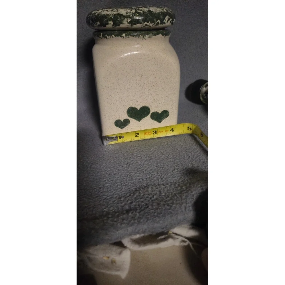 Vintage Speckled Ceramic Heart Canister Jar with Lid Cream Green Farmhouse Decor